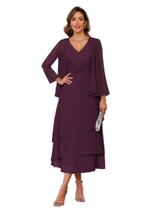 Vestido RSOETOO Chiffon Mother of the Bride, comprimento do chá, decote em V Vestido RSOETOO Chiffon Mother of the Bride, comprimento do chá, decote em V