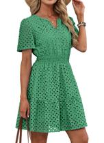 Vestido RUMIA 2026 Decote V com Renda Olho de Perdiz A-Line Verde Grande Vestido RUMIA 2026 Decote V com Renda Olho de Perdiz A-Line Verde Grande