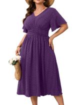 Vestido RWJ Plus Size Longo com Decote em V e Poá Suíço Roxo Vestido RWJ Plus Size Longo com Decote em V e Poá Suíço Roxo