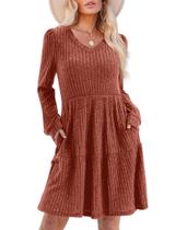 Vestido SAMPEEL, outono, manga comprida, decote em V, suéter Caramel M