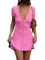 Vestido Saodimallsu com decote em V, cardigã com botões, rosa choque Vestido Saodimallsu com decote em V, cardigã com botões, rosa choque
