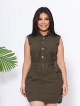 Vestido Sarja Feminino Chemise Regata Soltinho com fechamento em Botões e Cinto Moda