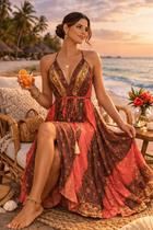 Vestido Seda Indiana Boho Estampado Tamanho Único 38 ao 50
