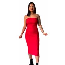 Vestido Sem Alça Midi Tubinho Fenda Lateral Canelado Feminino Modelador Moda