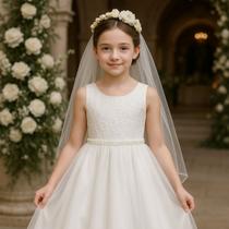 Vestido sem manga com peito de renda gota branil saia com sobreposição de tule e cinto de perolas abs REF2043