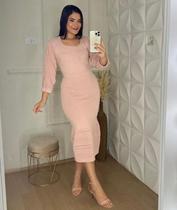 Vestido Sereia Midi Trico Modal Moda Evangélica Manga Rendada 3/4