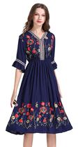 Vestido Shineflow mexicano bordado floral azul para mulheres
