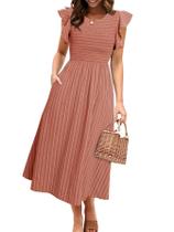 Vestido Simplee feminino listrado, com babados, mangas curtas, vermelho Vestido Simplee feminino listrado, com babados, mangas curtas, vermelho