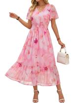 Vestido simples, floral, boho, vestido maxi de verão, decote em V, 2026, rosa