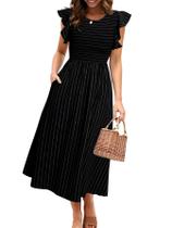 Vestido simples listrado Midi Summer A Line Wedding Guest preto