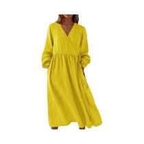 Vestido Solto De Algodão E Linho Com Decote Em V E Manga Longa, Cintura Alta, Cor Sólida, Primavera