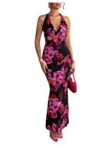 Vestido SOLY HUX com estampa floral de malha Halter Maxi Black XS feminino Vestido SOLY HUX com estampa floral de malha Halter Maxi Black XS feminino