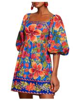 Vestido SOLY HUX com estampa floral, gola quadrada, manga folhada para mulheres Vestido SOLY HUX com estampa floral, gola quadrada, manga folhada para mulheres