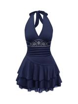 Vestido SOLY HUX Summer Halter, sem encosto, decote em V, linha, azul profundo
