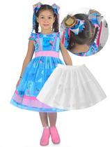 Vestido Stitch Festa Junina Azul + Saia Tutu + 2 Laços Cabelo