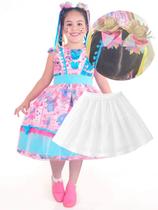Vestido Stitch Festa Junina Rosa + Saia Tutu + 2 Laços Cabelo