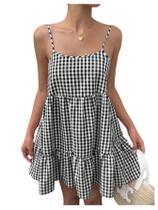 Vestido SweatyRocks Summer Gingham, sem encosto, babado, preto, feminino
