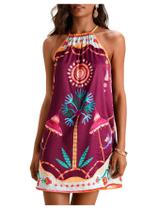 Vestido SweatyRocks Tropical Print Halter sem mangas roxo Vestido SweatyRocks Tropical Print Halter sem mangas roxo