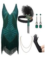 Vestido SWEETV Great Gatsby Green Flapper 1920s com acessórios