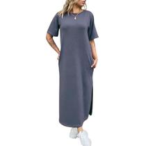 Vestido T-shirt Longo Saruel Com Bolsos Feminino Roupas Femininas Com Fenda P ao GG