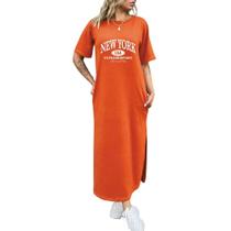 Vestido T-shirt New York Estraordinary Midi Com Fenda Lateral e Bolsos Feminino