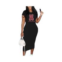 Vestido T-shirt Preto Estampado plus Size Para Mulheres, Manga Curta, Moda Sexy De Verão Branca
