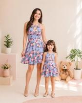 Vestido Tal Mãe Tal Filha Flora azul gola detalhe gota Vestido Tal Mãe Tal Filha Flora azul gola detalhe gota