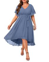 Vestido Talisea Dusty Blue Chiffon High Low para mulheres plus size Vestido Talisea Dusty Blue Chiffon High Low para mulheres plus size