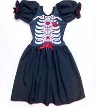 Vestido Tema Caveira Mexicana Halloween Fantasia Moda Infantil Menina-Ana Fantasias