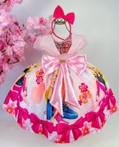 Vestido Princesa Belli Tematico Barbie Pink Babado - Roupa Infantil