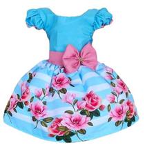 Vestido Temático Infantil Festa Floral Azul LIstra Branca Vestido Temático Infantil Festa Floral Azul LIstra Branca