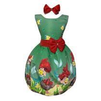 Vestido Temático Infantil Sereia Ariel Verde com Vermelho