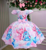 Vestido Temático Luxo Rosa Claro Stitch e Angel para Aniversário Vestido Temático Luxo Rosa Claro Stitch e Angel para Aniversário
