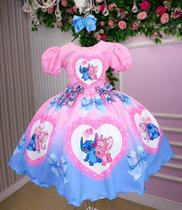 Vestido Temático Luxo Rosa Stitch e Angel para Aniversário Vestido Temático Luxo Rosa Stitch e Angel para Aniversário