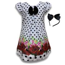 Vestido Temático Trapézio Rosas C/ Bolinha