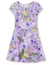 Vestido The Children's Place Girls de manga curta, flor roxa Vestido The Children's Place Girls de manga curta, flor roxa