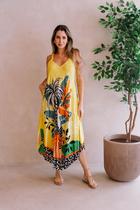 Vestido trapézio estampado palmeiras amarelo bolsos GE00265