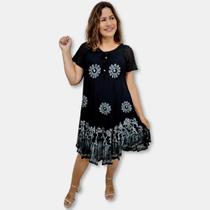 Vestido Trapézio Manga Curta Batik Bordado Plus Size cordão