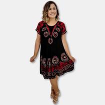 Vestido Trapézio Manga Curta Batik Bordado Plus Size cordão