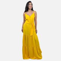 Vestido Três Marias Weam Feminino Longo Com saia Rodada Babado Três Marias Alcinha Regulável e Faixa de Amarrar na Cintura