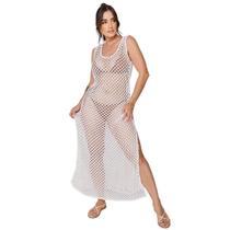 Vestido Tricot Feminino Longo Rendado Croche Furadinho Saída de Praia PiscinaTR2469