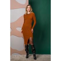 Vestido Tricot Fenda Estilo Elegante Outono Inverno Longo Midi Modal