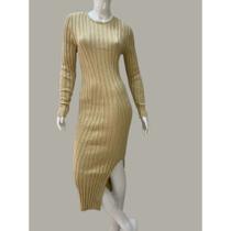 Vestido Tricot Fenda Estilo Elegante Outono Inverno Longo Midi Modal Vestido Tricot Fenda Estilo Elegante Outono Inverno Longo Midi Modal