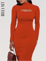 Vestido Tubinho Manga Longa Gola Alta Decotado Moda Gringa - Laranja Queimado - P Vestido Tubinho Manga Longa Gola Alta Decotado Moda Gringa - Laranja Queimado - P