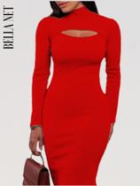 Vestido Tubinho Manga Longa Gola Alta Decotado Moda Gringa - Laranja Queimado - P