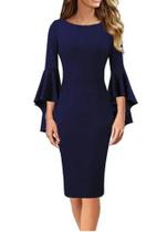 Vestido Tubinho Manga Longa Peplun Azul Escuro