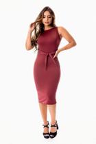 Vestido Tubinho Midi com Fenda Atrás Regata com Cinto Fake de Laço Evangélico, Social ou Dia a Dia