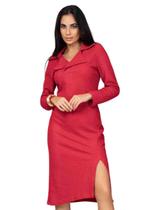 Vestido Tubinho Midi Manga Longa Decote V em Jacquard Rosa Santa