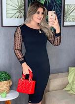 Vestido Tubinho Preto Manga em Tule