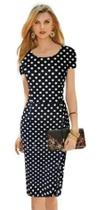 Vestido Tubinho Secretária Manga Curta Poá Preto Bolinha Midi